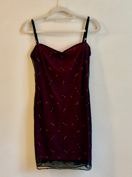 Laundry Shelli Segal Black Pink Tulle Embroidered Slip Dress Whimsigoth Size 8